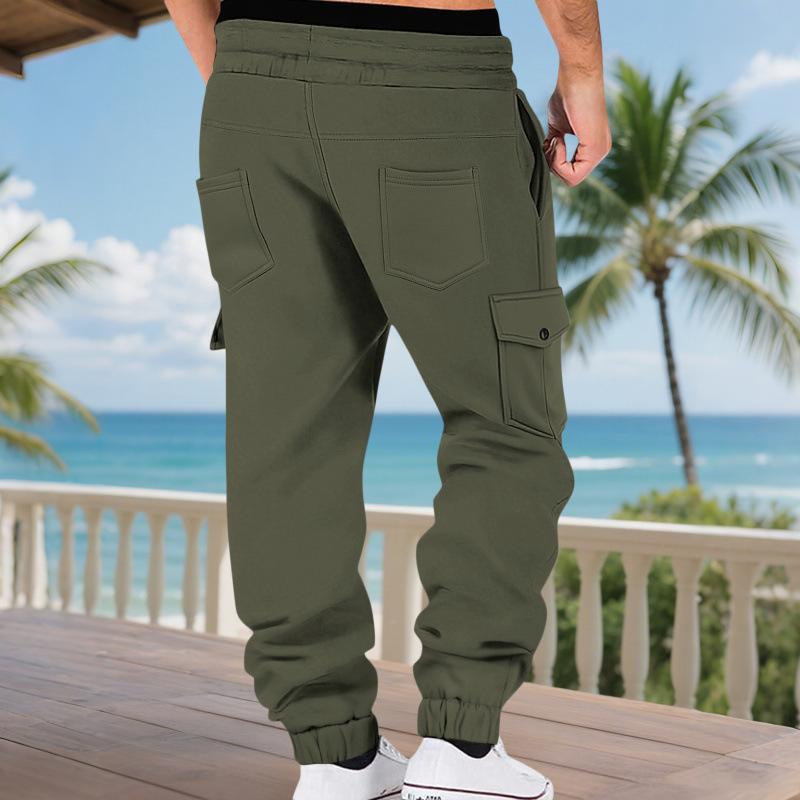 Men's Fleece-Lined Drawstring Loose-Fit Multi-Pocket Cargo Pants.