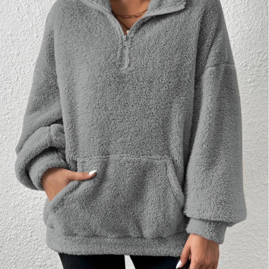 Autumn Winter New European and American Style Furry Fleece-Lined Women's Stand Collar Sweatshirt Casual