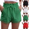 Women Summer Shorts Elastic Waist Shirring Edge Hollow Out Side Pockets Solid Color Loose Above Knee Length Casual Sport Daily Mini Shorts EMA