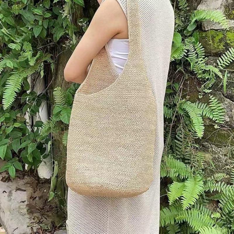 Premium Raffia Hand-woven Bag New Shoulder Straw Bag Large Capacity Seaside Vacation Tote Bucket Bag