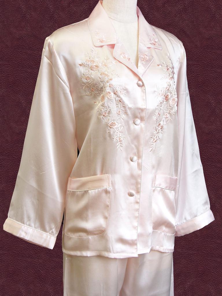 Silk Long Open Floral Baby Pink [Yumekairou] Women's Pajamas, Sleeves, Front, 100% Silk, Embroidery, L,