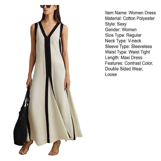 Женское макси-платье с V-образным вырезом, без рукавов, контрастного цвета, свободного кроя, длинное, двойное