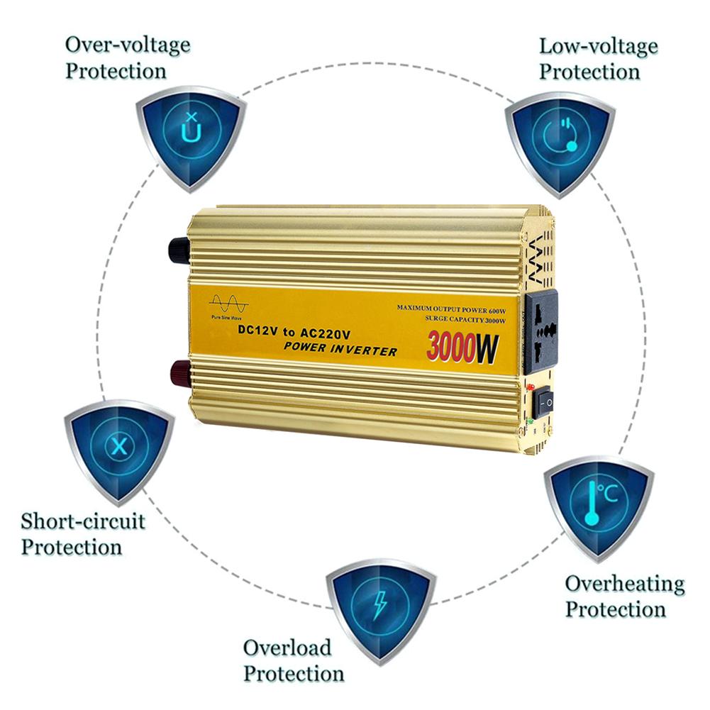 3000/1000 Вт автомобильный инвертор с чистой синусоидой, инвертор синусоидальной волны постоянного тока 12 В в переменный ток 220 В, преобразователь напряжения, микропреобразователь, трансформатор