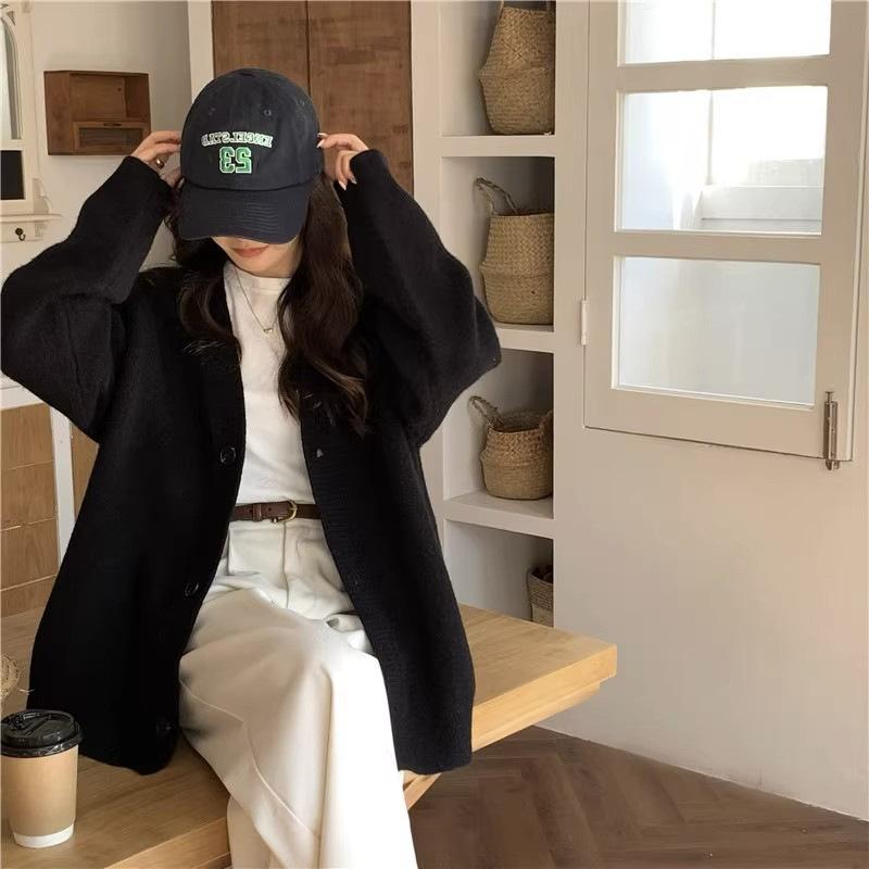 Осенне-зимний женский свитер-кардиган, куртка, свободный однотонный вязаный кардиган с ленивым ветром, простой вязаный кардиган