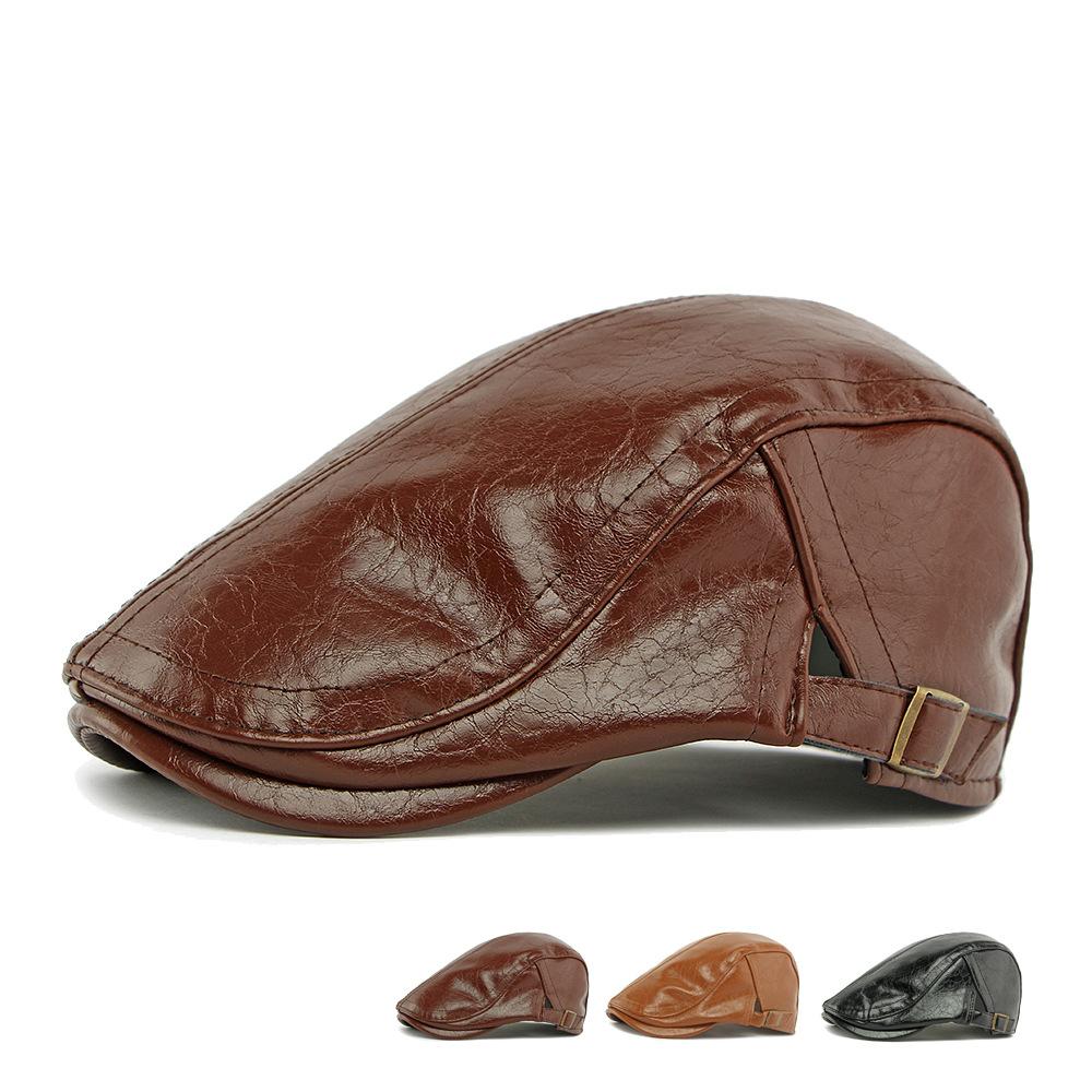 Autumn Winter Hat Men's PU Leather Beret British Retro Forward Hat Warm Peaked Cap