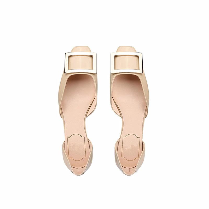 Sheepskin version~ square head shallow mouth single shoes women's buckle French temperament hollow sandals commuting leather grandma flats