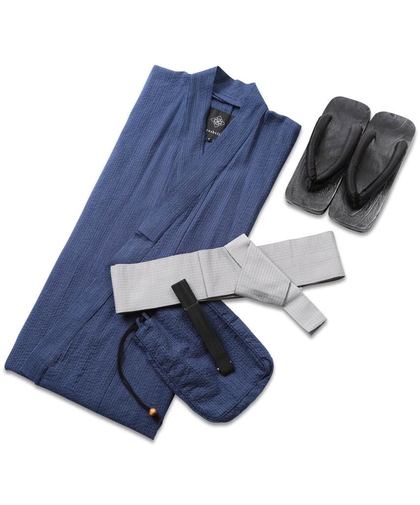 Yukata 6 Piece Set Shingen Waist L B Indigo Drizzle Easy To Yukata Summer Japanese Japanese [Rochelle] Men's (Yukata, Obi, Geta, Bag, Fan, Belt)