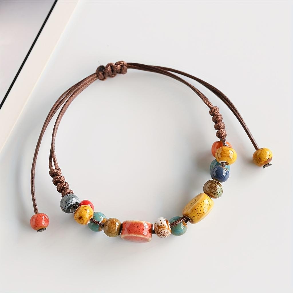 1pc Vintage Bohemian Colorful Ceramic Beaded Bracelet, Handmade Adjustable Length Women'S Bracelet, Suitable for Daily Wear