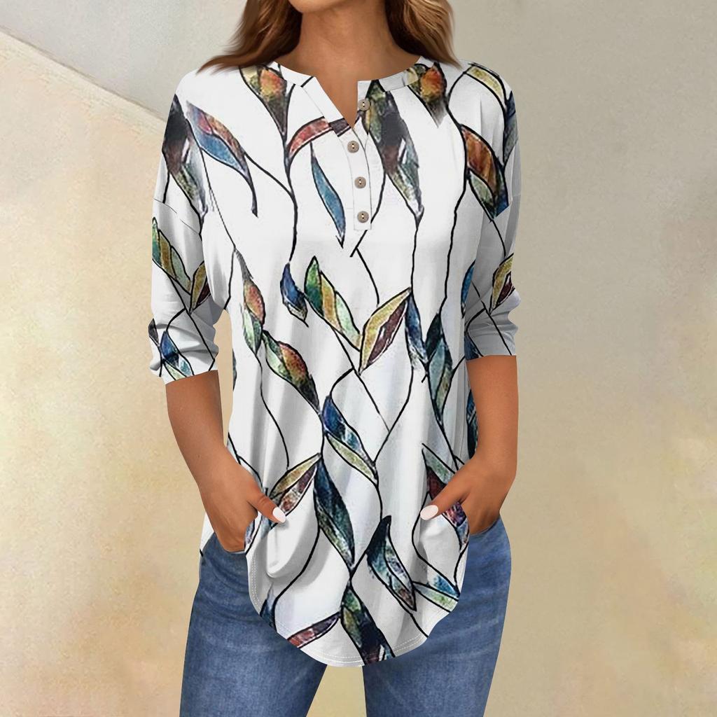 Рубашки с рукавом 3/4 для женщин, модные, повседневные, с круглым вырезом, с принтом, футболка, топ