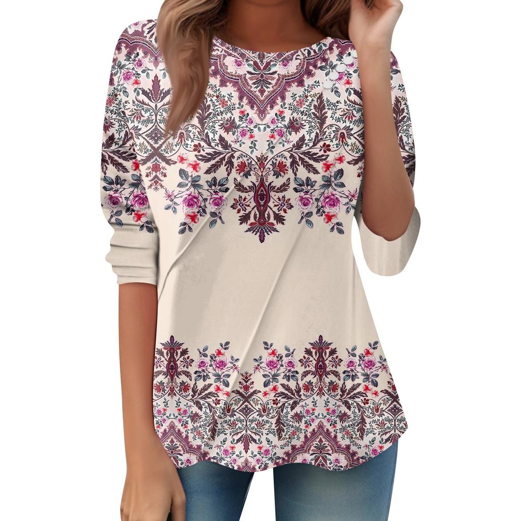 Women's Loose Casual Long Sleeve Top Round Neck Button Pull Stripe Prints T Shirt