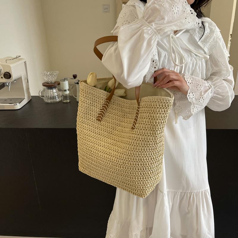 Большая вместительная модная сумка ручной работы, весенне-летняя женская универсальная сумка через плечо, плетеная соломенная сумка-тоут