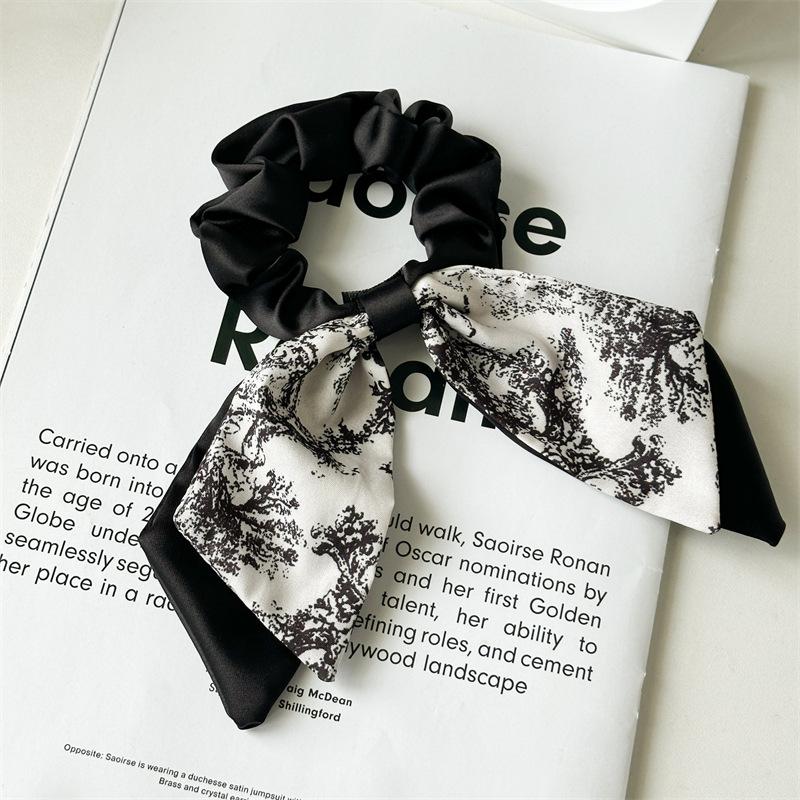 Новая китайская мода Черно-белый цветочный принт Бант Лента Резинки Веревки Кольца для волос Женские Скранчи Резинки для хвостика Эластичные Повязки для волос