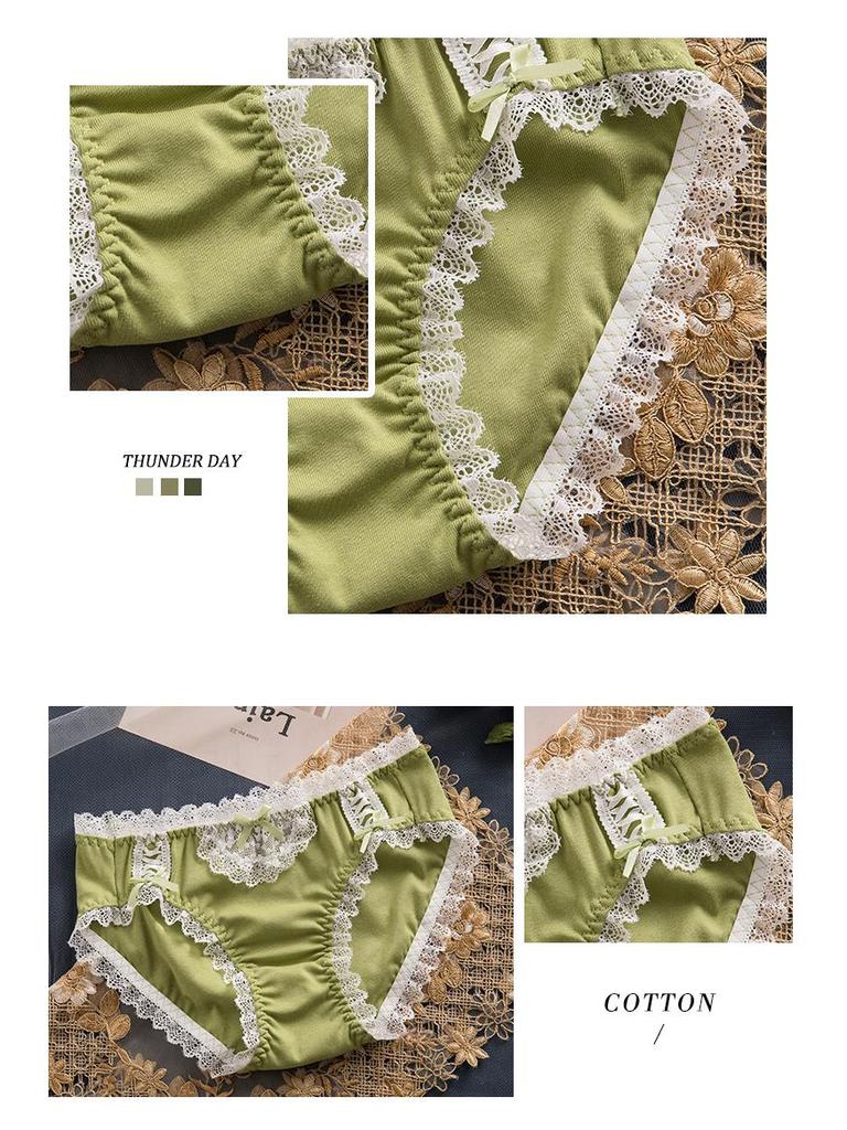 Женские милые хлопковые трусики с бантиком и кружевом средней посадки