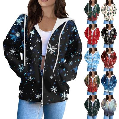 Женская модная повседневная толстовка с рождественским принтом и длинными рукавами, карманная куртка, пальто с капюшоном на молнии