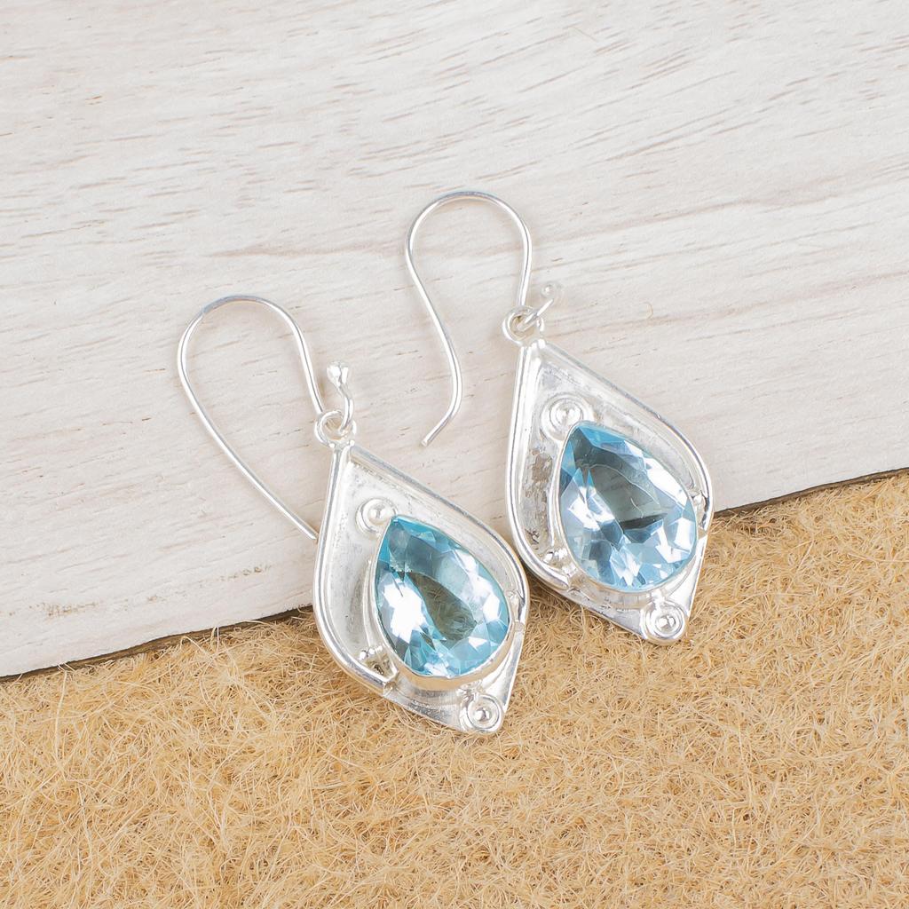 Серьга с драгоценным камнем небесно-голубым топазом, Великолепное украшение ручной работы, Ювелирное изделие из стерлингового серебра 925 пробы, Богемная серьга для свадебного подарка