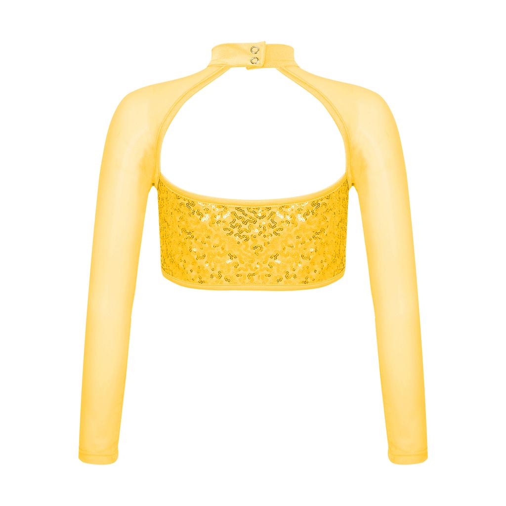 Костюм для танцевальной гимнастики, детский укороченный топ с длинными рукавами и блестящими пайетками для девочек, с открытой спиной