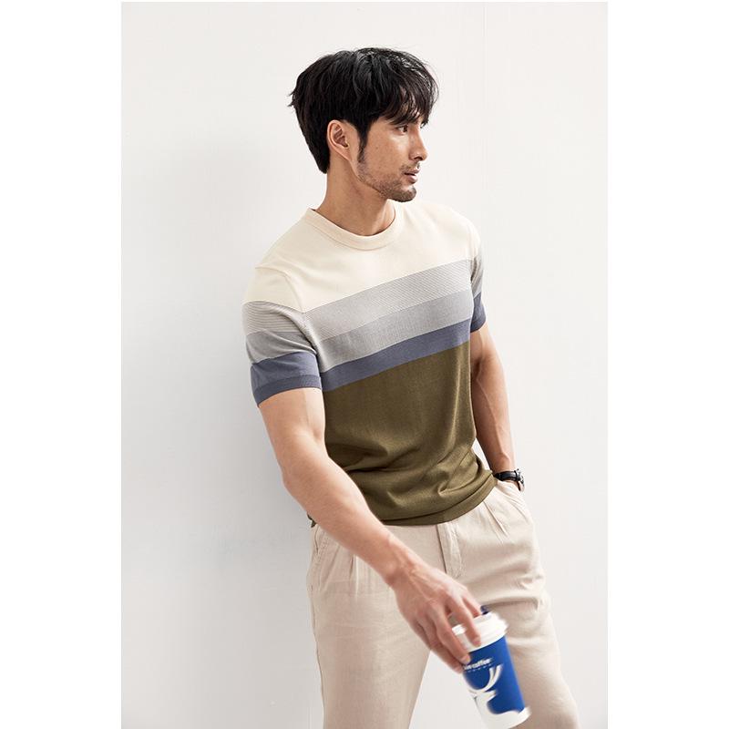 Мужское полосатое поло 2024 года: Трикотажная футболка с коротким рукавом и универсальным круглым вырезом