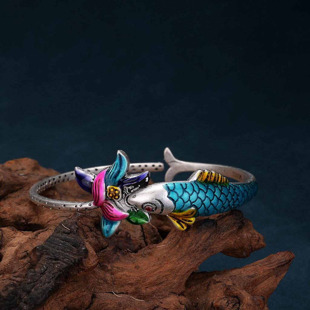 New Burnt Blue Retro Enamel Bracelet for Women, Cloisonn É Open Fish Play, Lotus Flower Drop Glue Silver Bracelet, Birthday Gift