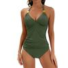 Women's Pure Color Halter Split Strap Belly Contracting Two Piece Swimsuit V-neck Swimsuit with Shorts
