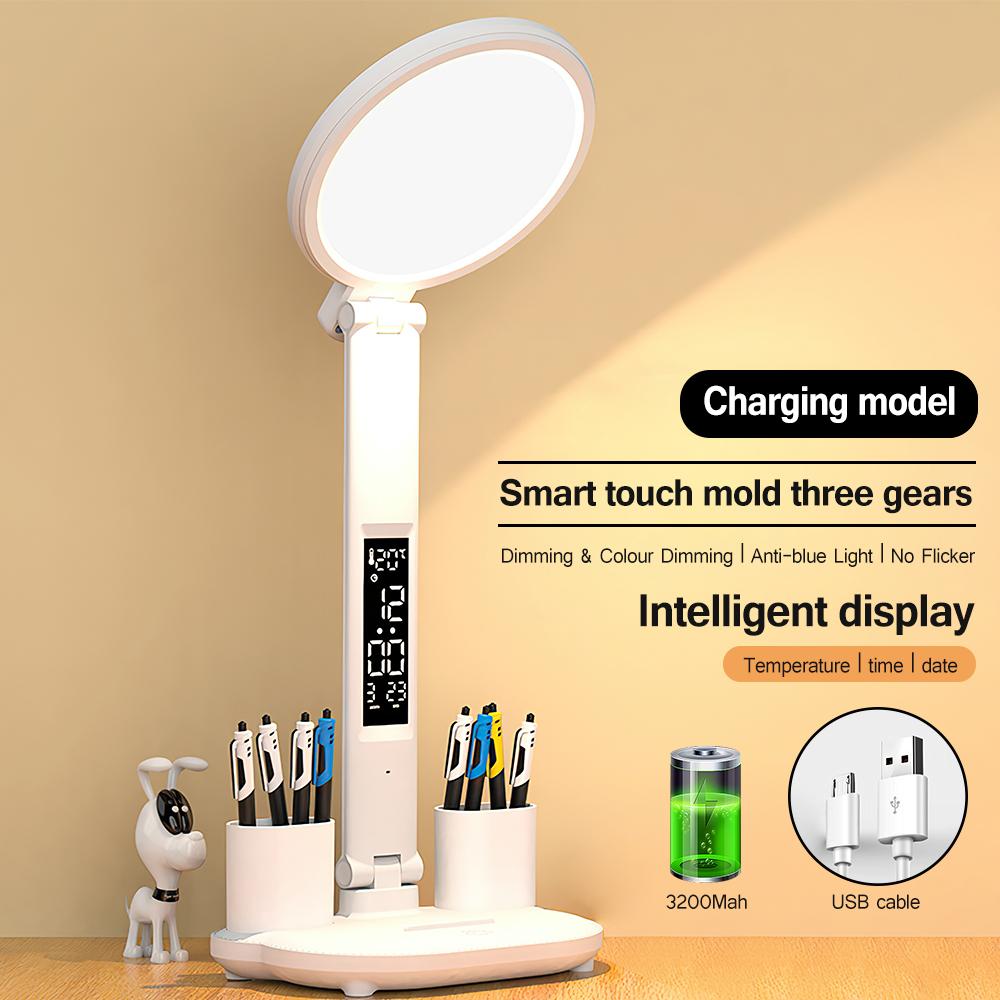 LED Clock Table Lamp USB Chargeable Dimmable Desk Lamp Plug-in LED Fan Light Foldable Eye Protection Reading Night Light