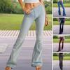 Lady Jeans Elastic Slim Fit Flared Leg Mid Waist Solid Color Long Trousers Daily Casual Denim Pants for Travel Commuting