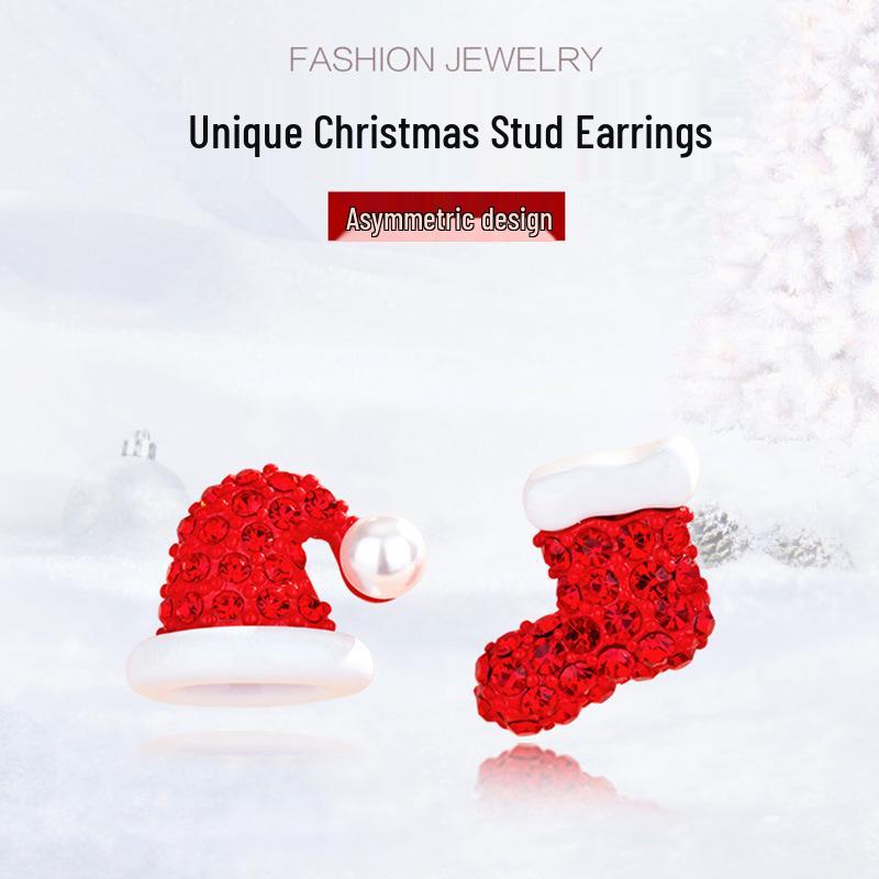 Korean Style S925 Silver Needle Christmas Stocking & Hat Asymmetrical Stud Earrings - Fun New Year Gift Jewelry