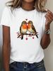 Camiseta De Manga Corta Con Cuello Redondo Para Mujer Con Estampado De Robin Heart Love Always Print Blanco Navidad Día De