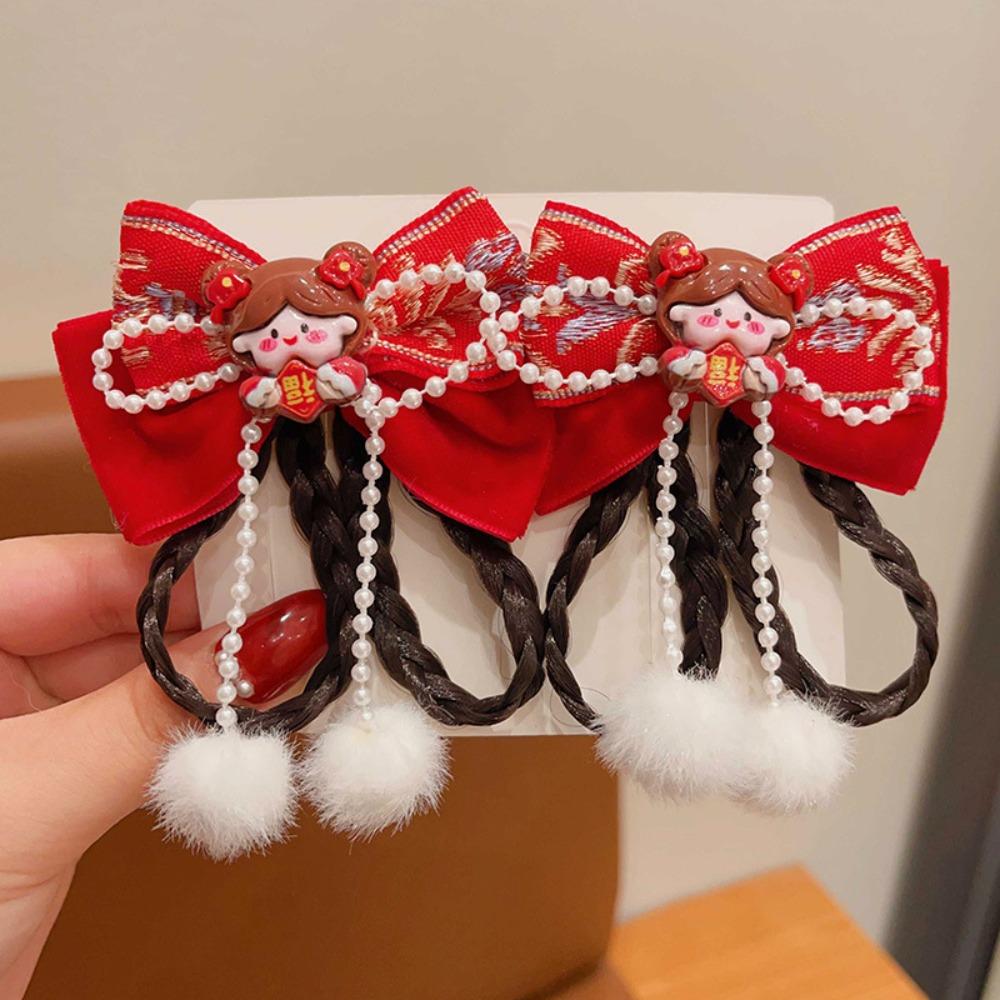 Ancient Style Children's New Year Hairpin Princess Wig Braid New Year Bow Hairpins Plush Ball Ribbon Tassels