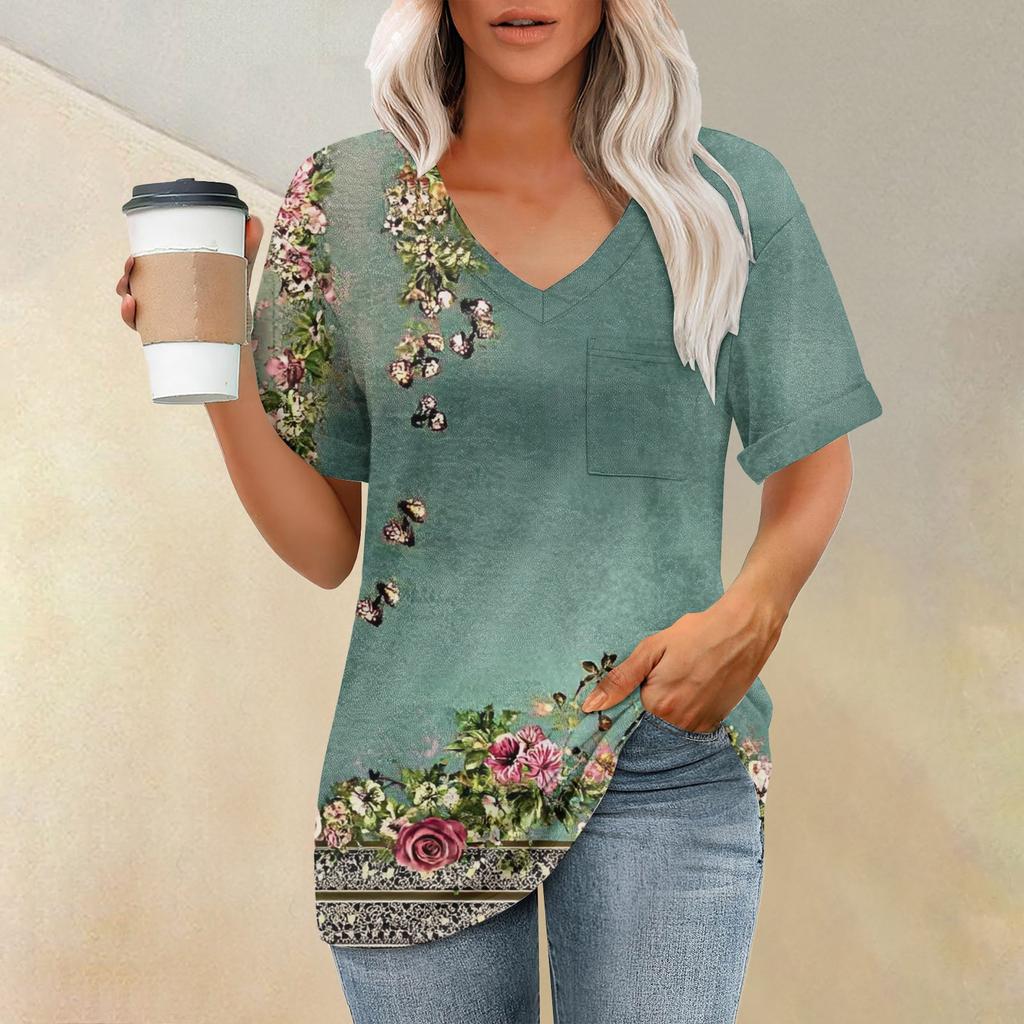 Women's Fashion Pocket V-neck Short Sleeve Plant Floral Print T-shirt Top