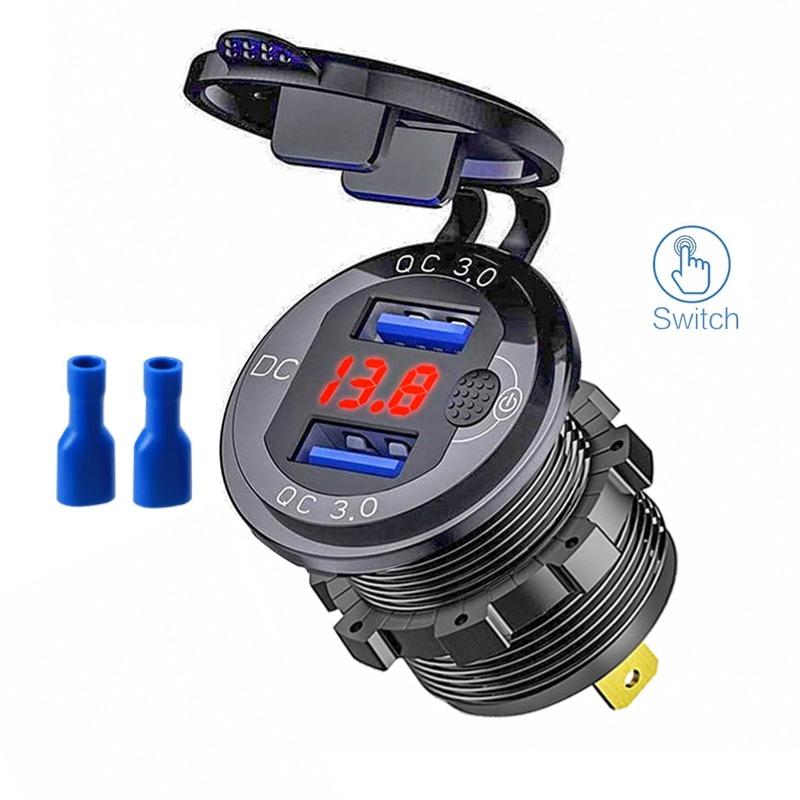 12 В/24 В, двойная USB-розетка QC3.0, автомобильное зарядное устройство, USB-разъем для прикуривателя, водонепроницаемая со светодиодным вольтметром, переключатель включения/выключения, адаптер для быстрой зарядки, автомобильные аксессуары