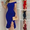 Women Prom Dress Solid Color Ruffle Split Off Shoulder Sleeveless Dress-up Slim Fit Tight Waist Ball Prom Dress Women Clothing