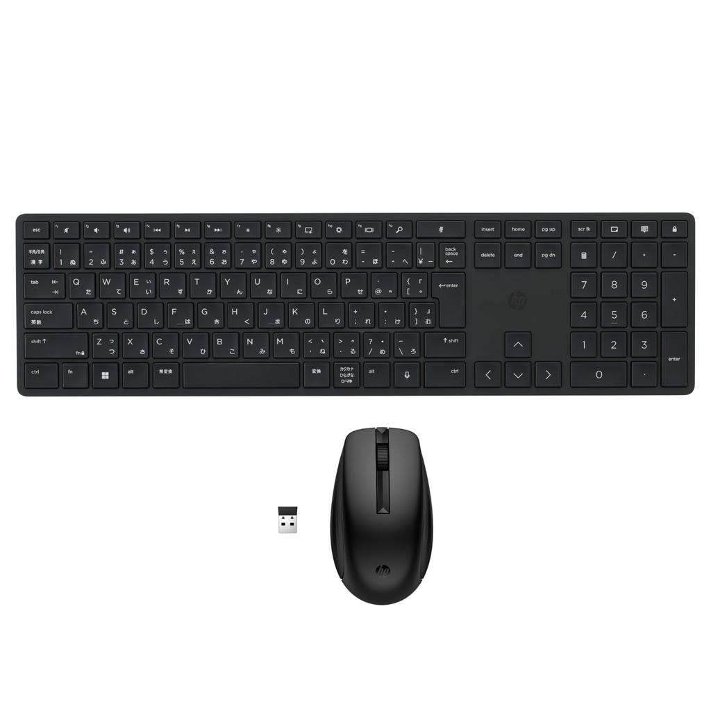 HP 650 Wireless Keyboard and Mouse Set, Black, Japanese Layout, USB Dongle, 2.4GHz Wireless Connection, Mouse Compatible with Glass Tables,