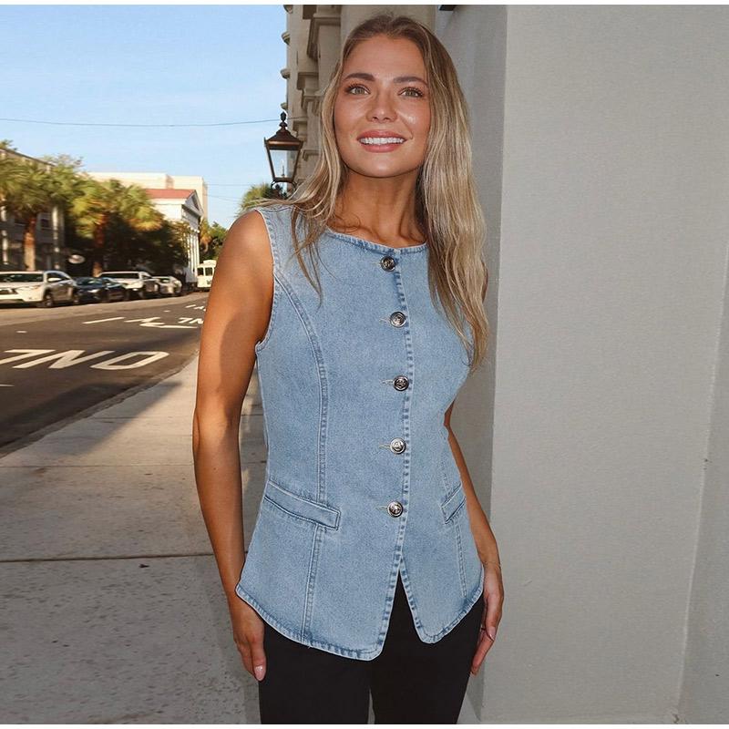 Повседневный женский джинсовый жилет, облегающий, с круглым вырезом, однобортный, на пуговицах, без рукавов, женский, весна 2025, женский винтажный универсальный жилет