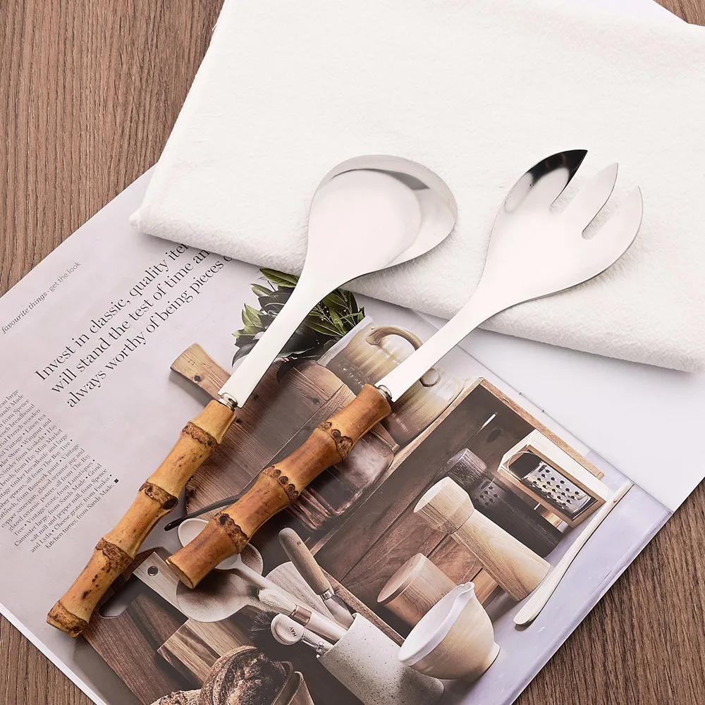 2/4Pcs Long Handle Serving Spoon Fork Bamboo Wooden Handle Salad Spork Kitchen Stainless Steel Tableware Cutlery Dinnerware Set