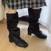 Retro Straps, New Niche Design Pants Boots, Thick Heel Thick-soled Boots, But Knee-pointed Lace-up Knight Boots