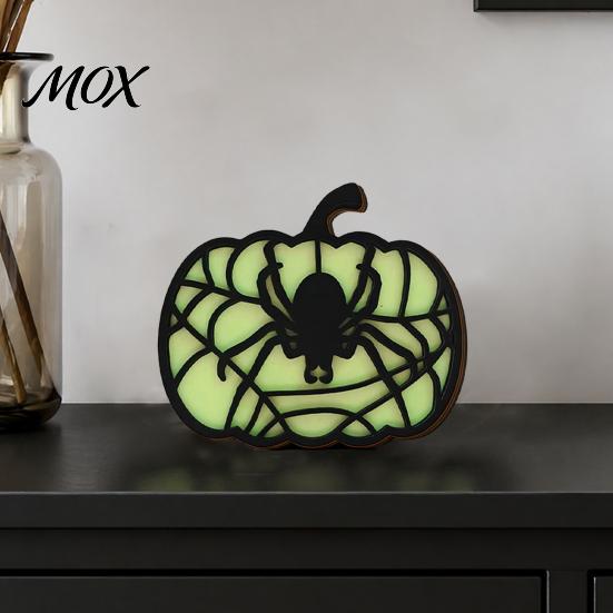 Indoor Halloween Atmosphere Lighting Glow-in-The-Dark Pumpkin, Spooky Wooden Pumpkin Ornament, Black Cats Luminous Ornament Bats Ghosts Silhouette