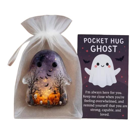 1/2/4/5Pcs Pocket Hug Ghost with Positive Card Emotional Support Ghost Token Mini Halloween Cartoon Ghost Statue Inspirational Gift