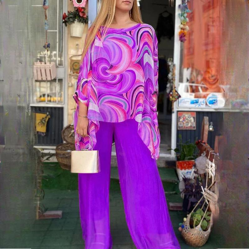 BITCED Летний красочный шифоновый костюм повседневный комплект из двух предметов с принтом и круглым вырезом