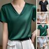 Женский летний топ с V-образным вырезом, однотонный, мягкий, удобный, с короткими рукавами, для повседневной носки, пуловер, для офиса, на работу, атласный женский футболка, женская одежда