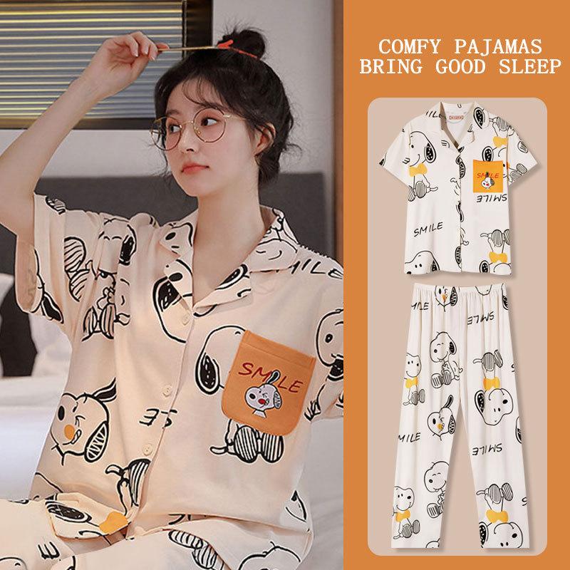 Girly heart bursting cute rabbit print pajamas women's summer short-sleeved trousers cardigan loose loungewear set thin