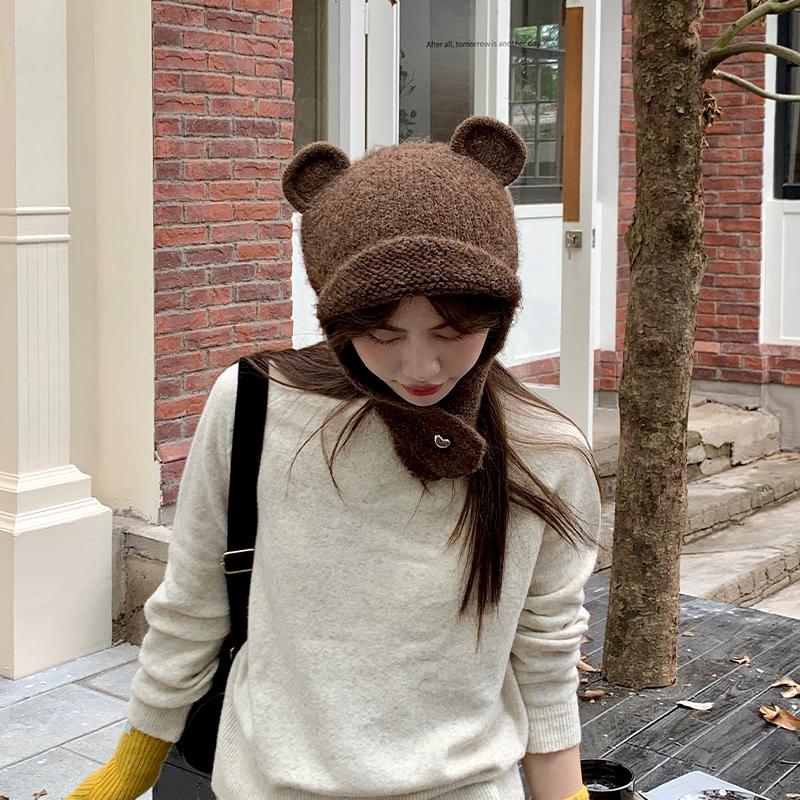 Милая трехмерная шапка с медвежьими ушками из шерсти, женская осенне-зимняя новинка, теплая вязаная шапка с ушками, тренд