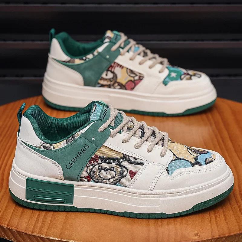 Новые мужские туфли, спортивная обувь с принтом медведя, противоскользящая одежда, модная повседневная вулканизированная обувь на плоской подошве, мужская обувь 2024 года