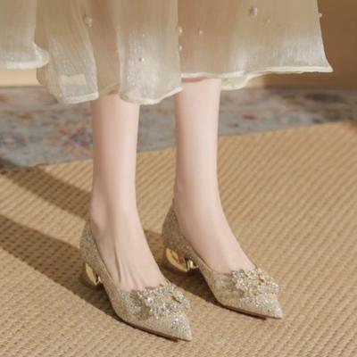 Модная осенняя новая обувь на толстом каблуке Женская модная остроносая обувь с мелким вырезом, пайетками, хрустальной пряжкой, нескользящая, низкая