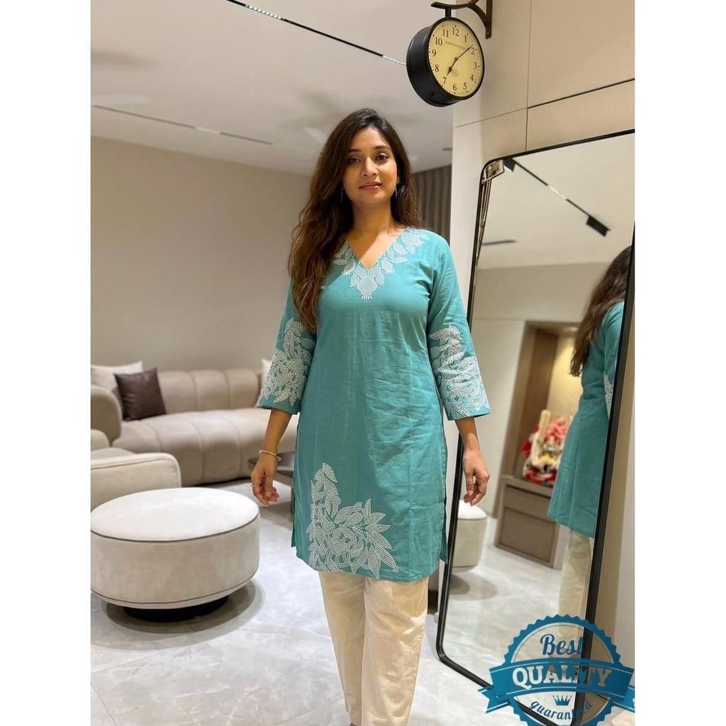 Pure Cotton Embroidery Work Kurti Cord Set Indian Desigenr Ethnic Kurta Pant Set