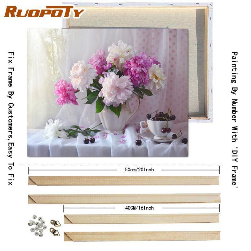RUOPOTY Краска по номерам, цветок пиона, настенное искусство, уникальный подарок, ручная роспись на холсте, картина по номерам, уличный декор для детской комнаты