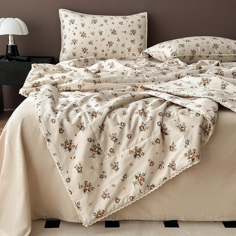 Rose Garden Vintage Floral Summer Quilt Khaki 100% Cotton Reversible Thin Comforter Bedding Set Air Conditioner Quilts Bedspread