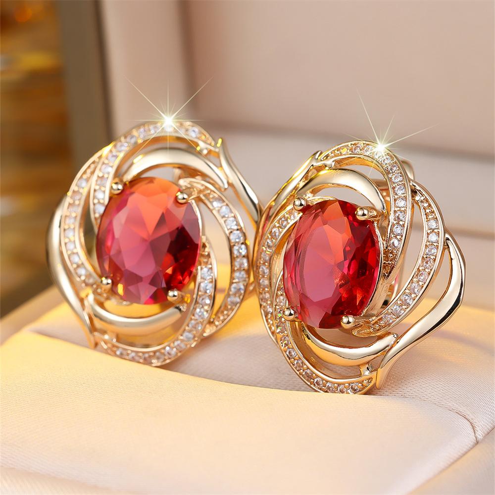 Minimalist Rose Red Zircon Oval Stone Hoop Earrings For Women Vintage Gold Color Ear Buckle Wedding Jewelry Valentine's Day Gift