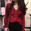 Wine Red V-Neck Chiffon Shirt: Stylish Ruffled Design, Slimming, Long-Sleeved, Ideal for Spring & Autumn.