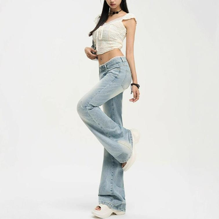 Кружевные вставки Микро-большие джинсы Женские Летние Выбеленные Голубые Ретро Скинни С низкой посадкой Джинсовые брюки Ретро Уличный стиль Мешковатые Длинные Джинсы для Леди