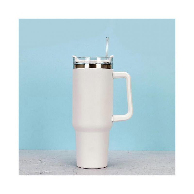 (White)Stainless Steel Water Cup Large Capacity Vacuum Straw Cup Handle Coffee Mug